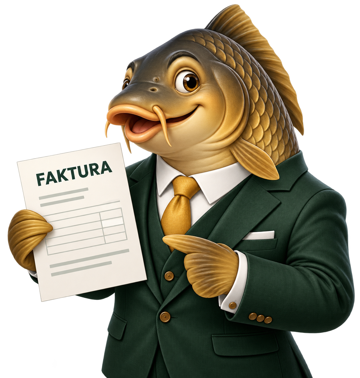 Kapří maskot drží fakturu